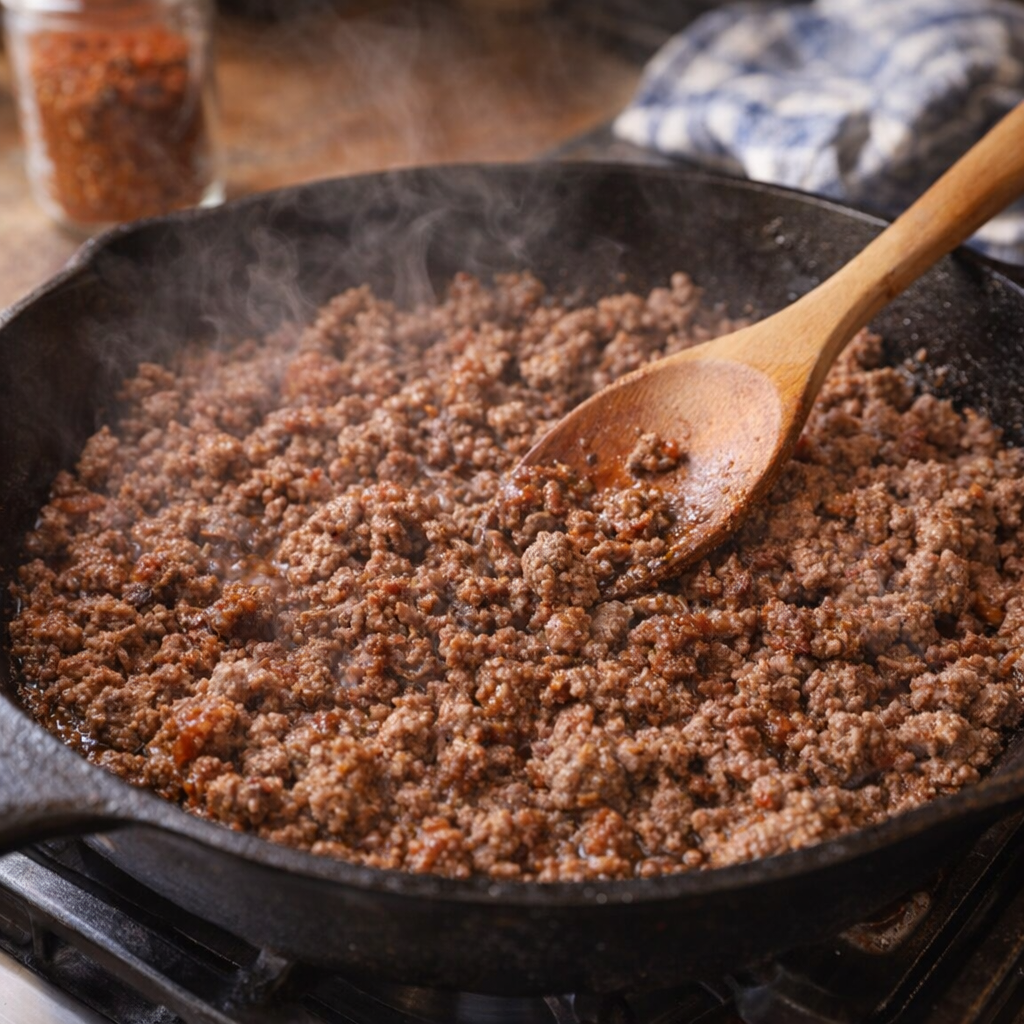 Ground beef browning in a skillet on the stove