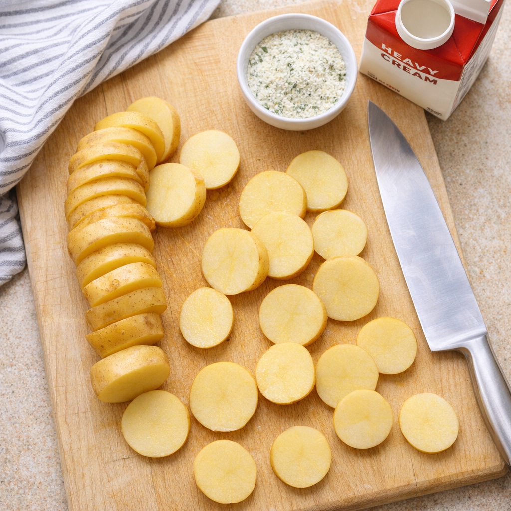 Sliced gold potatoes and ingredients on a kitchen counter
