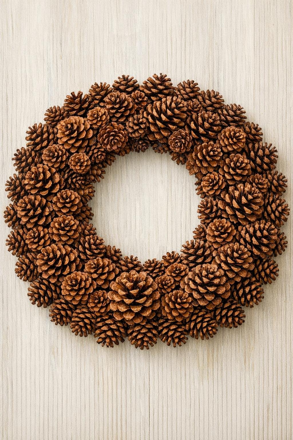 Finished autumn wreath base made from gathered pinecones