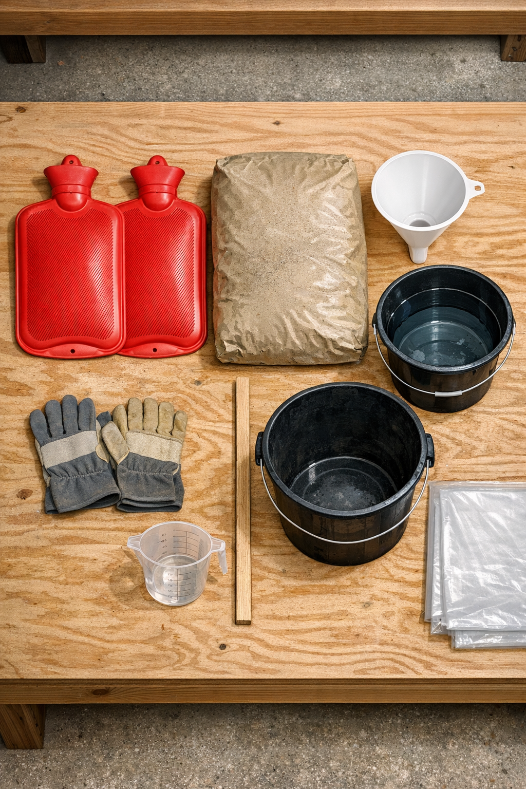 Materials for making cement yard pavers laid out on a work surface