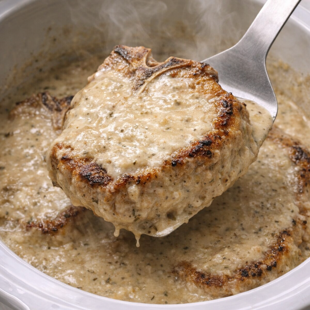 Cooked ranch pork chops being lifted from slow cooker