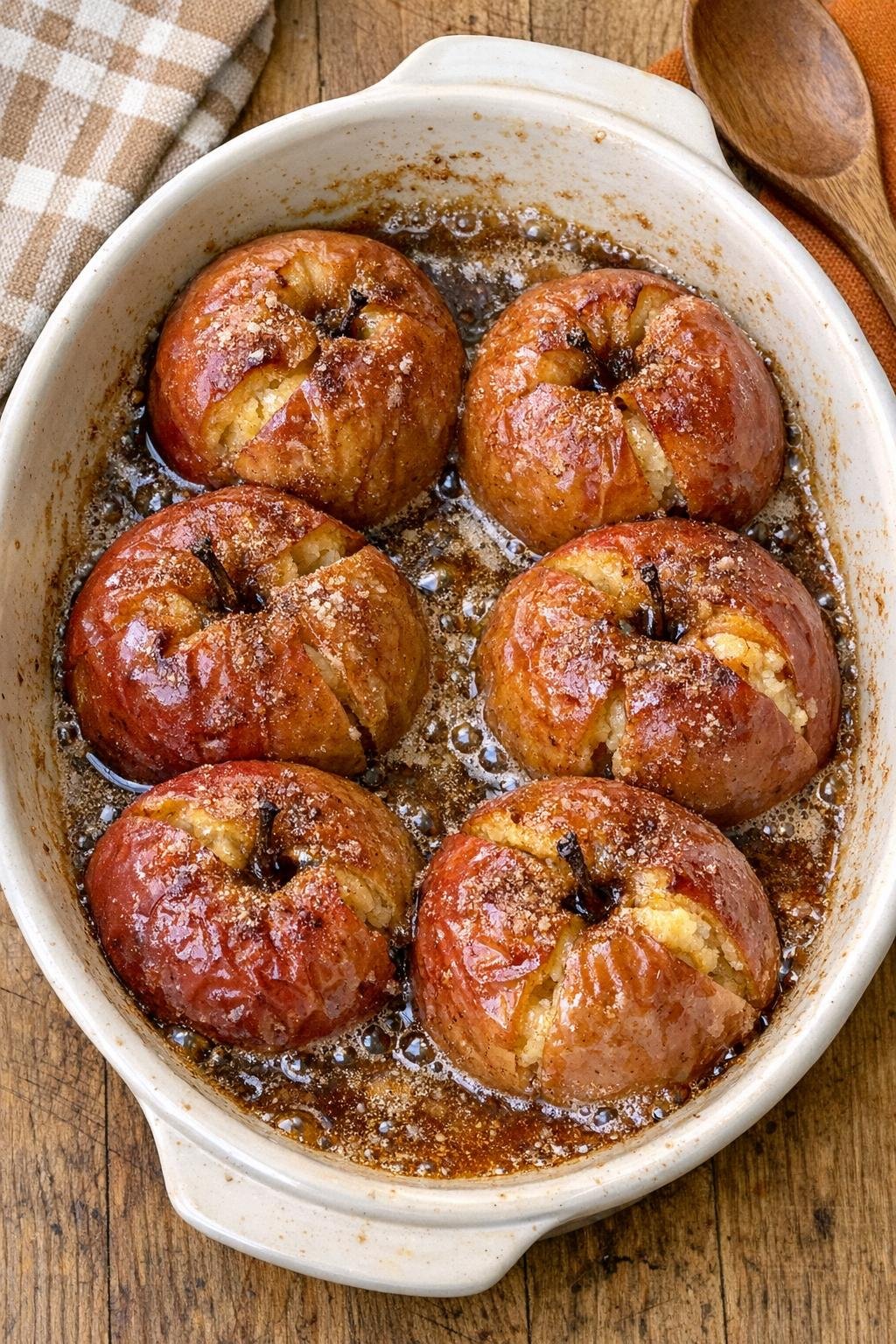 Finished baked apples in a ceramic casserole dish