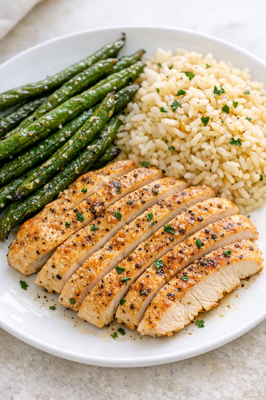 Plated baked chicken with simple side dishes