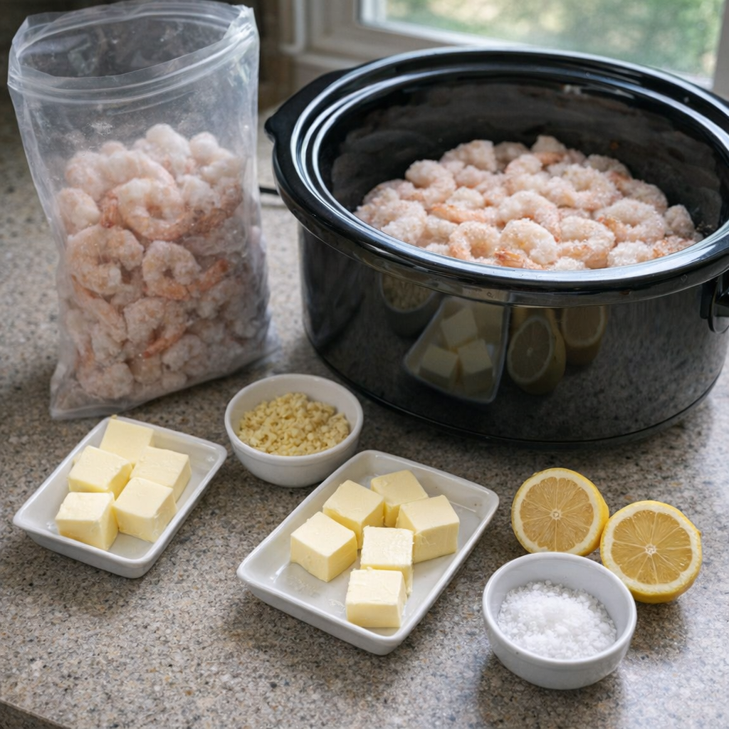 Frozen shrimp and butter ingredients gathered on a kitchen counter