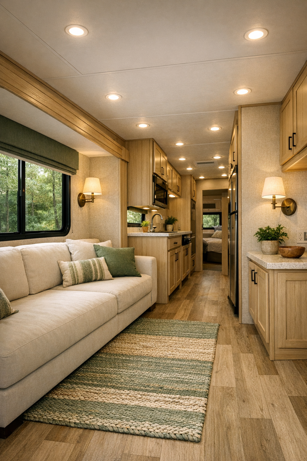 Accessible RV living room with cream sofa and pale oak built-ins