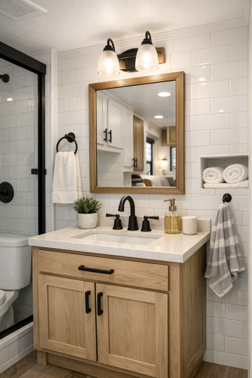 Fresh compact bathroom with light vanity, soft tile, and warm simple finishes
