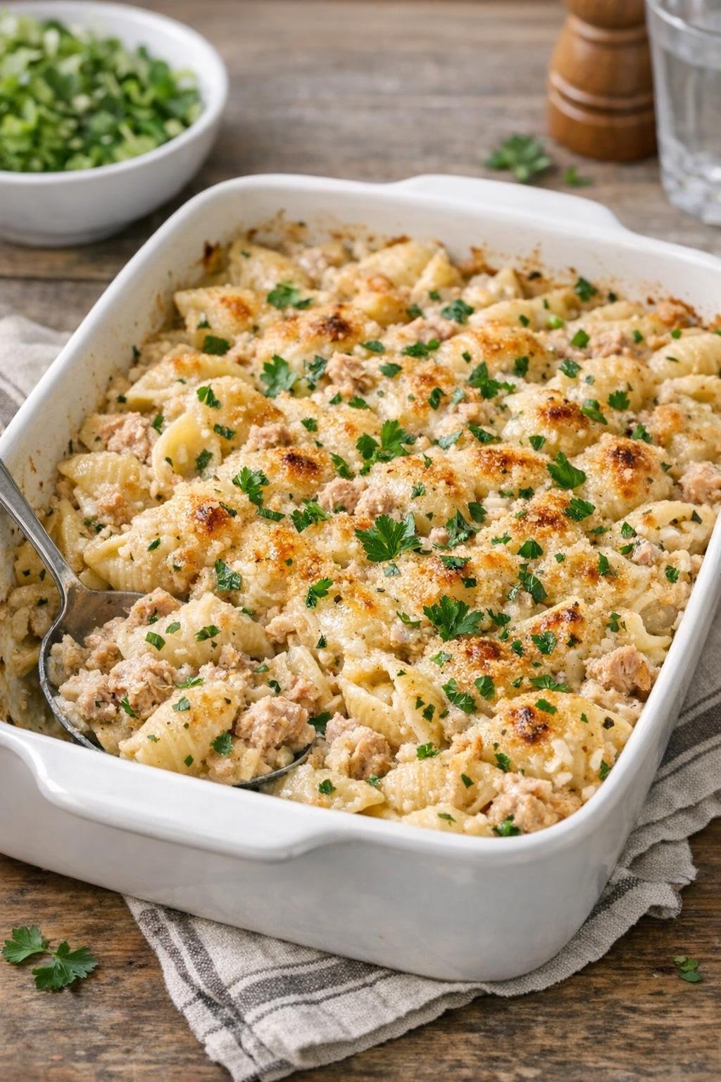 Finished baked herb tuna shells in a white baking dish