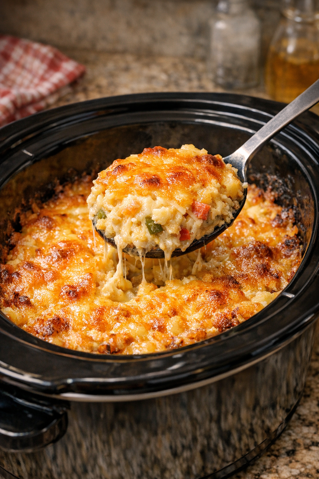 Cooked hash brown casserole with golden top in slow cooker