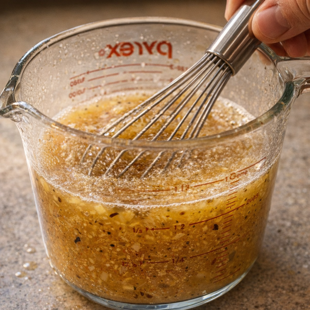 Butter broth glaze being whisked in a measuring cup