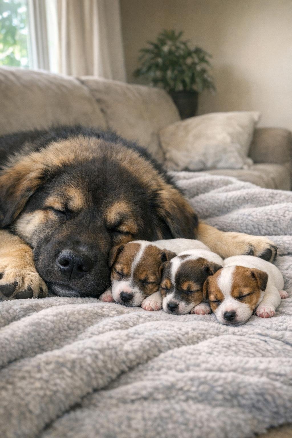 A giant mixed breed puppy sleeping beside much smaller Jack Russell Terrier littermates