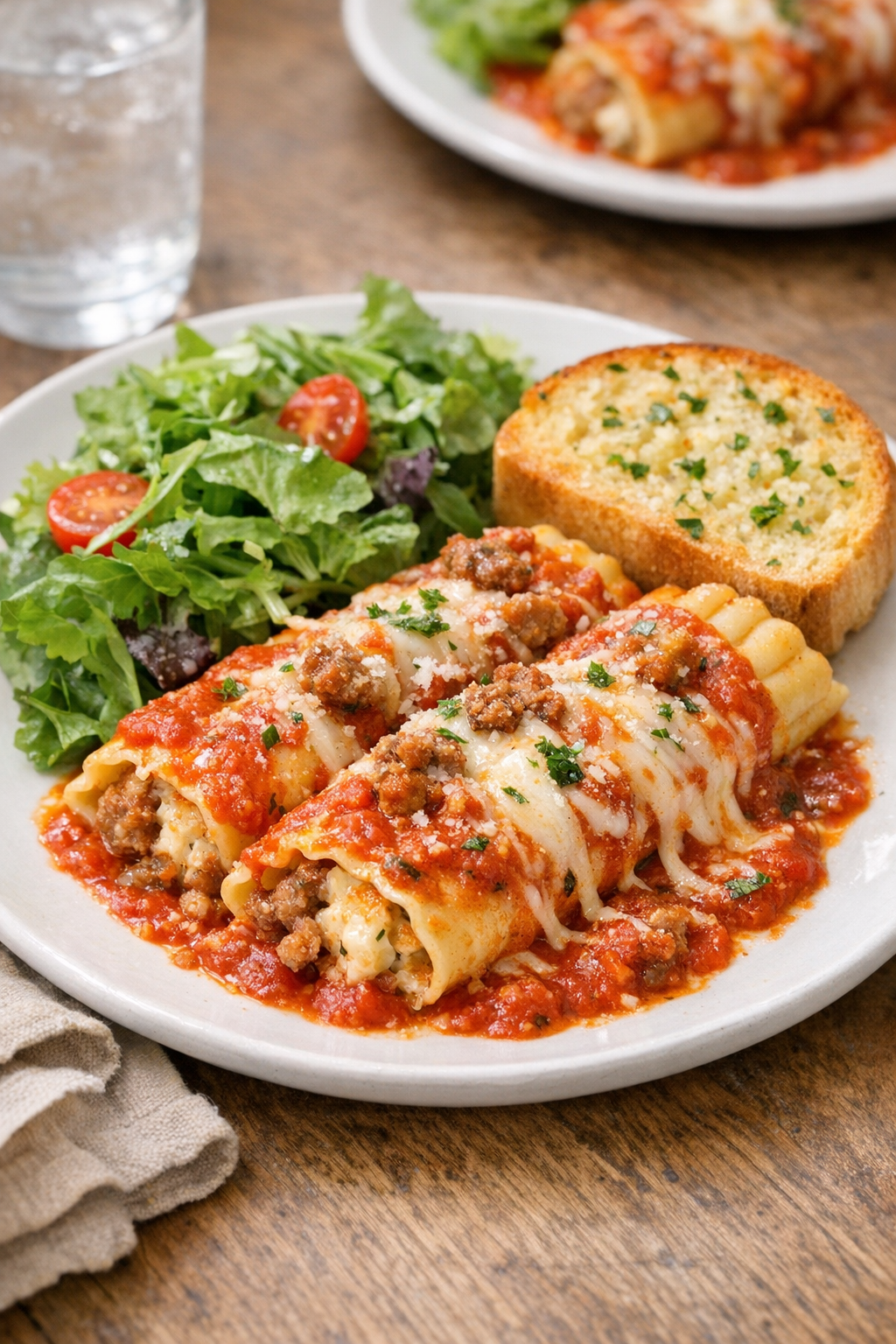 Plated cheesy sausage manicotti served with salad and bread