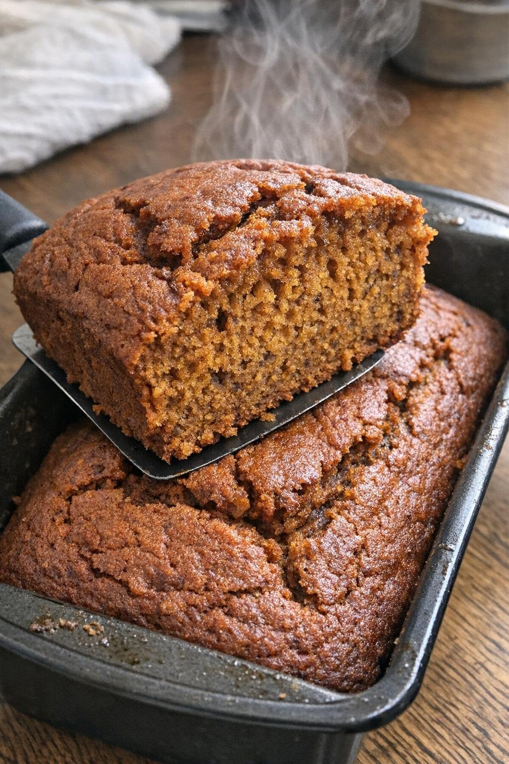 Pumpkin bread loaf in pan with slice lifted