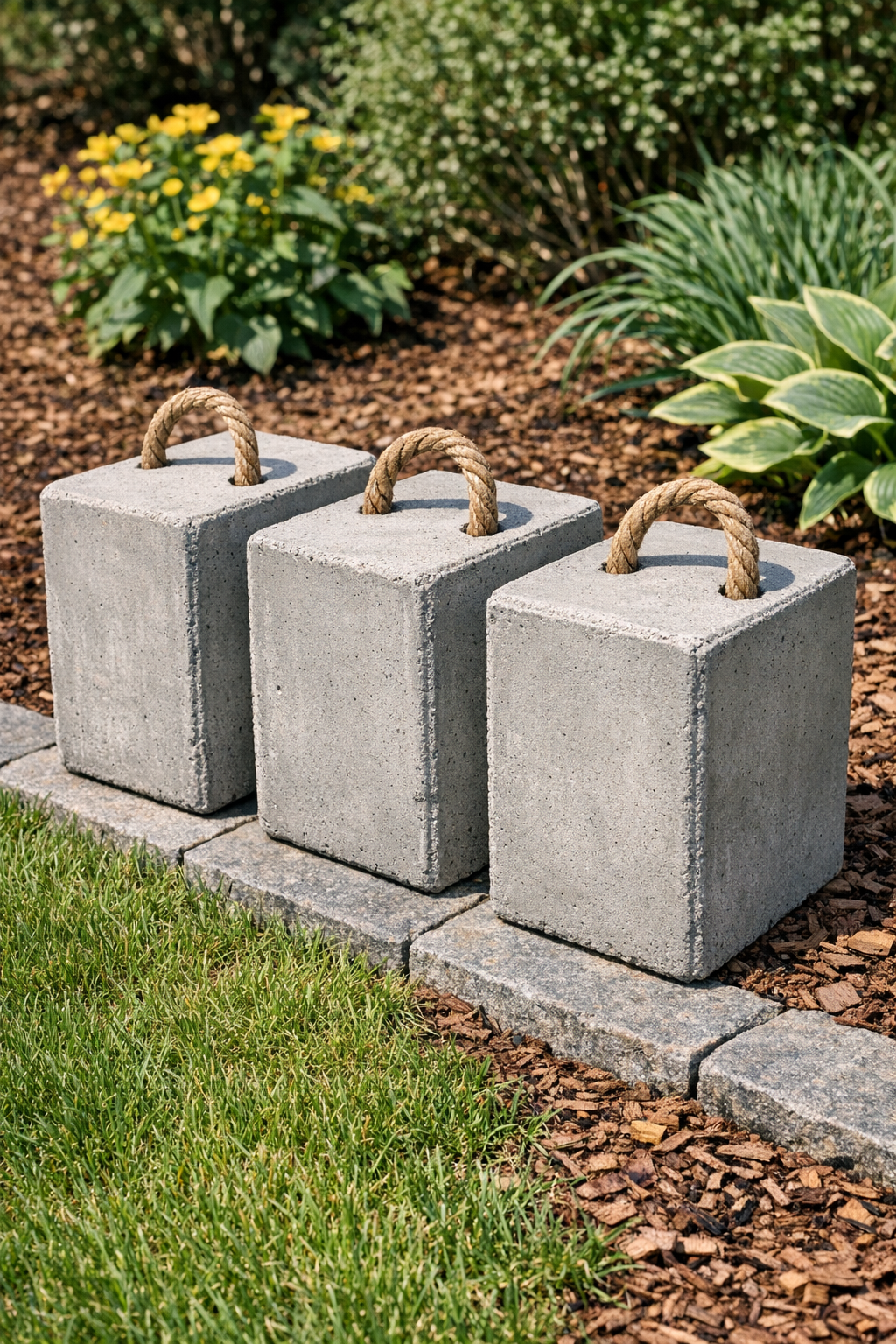 Finished heavy modular cement yard blocks arranged in a garden