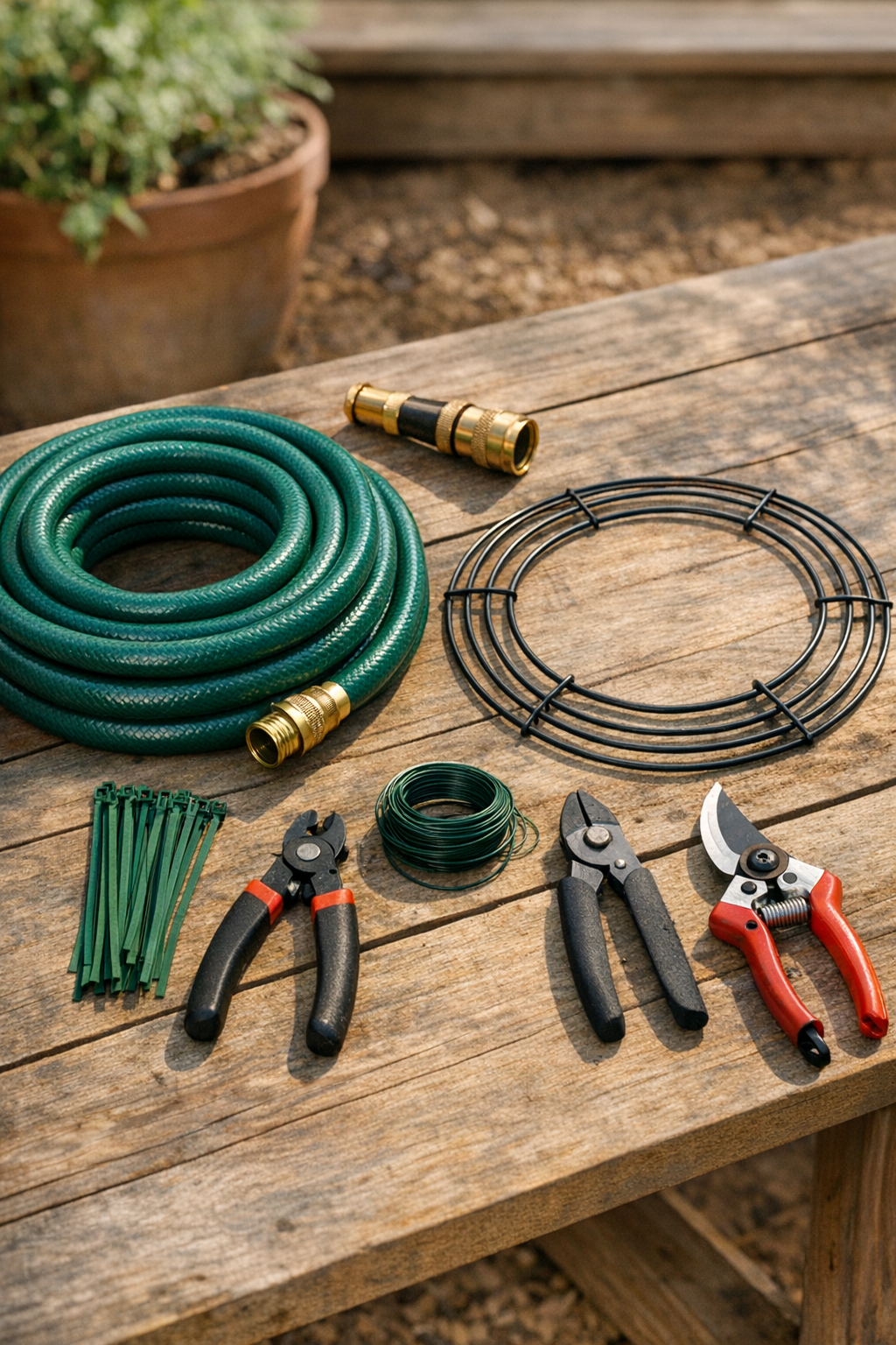 Materials for a garden hose wreath laid out on a work surface