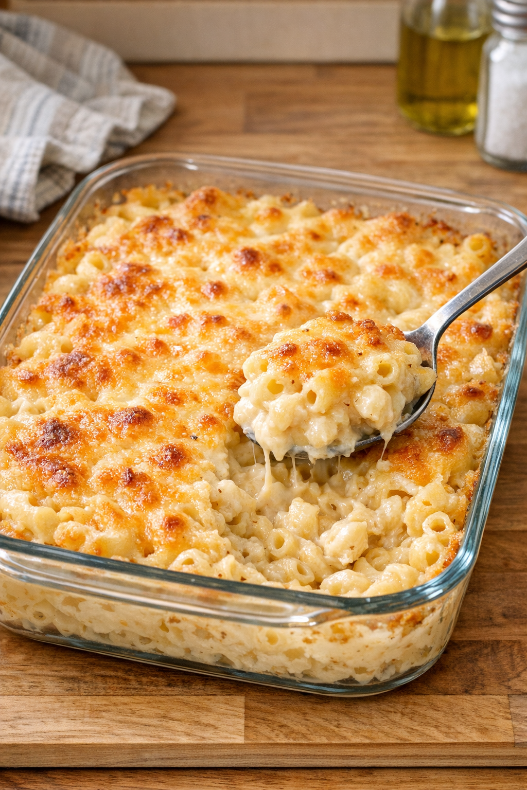 Finished baked four cheese macaroni in a casserole dish