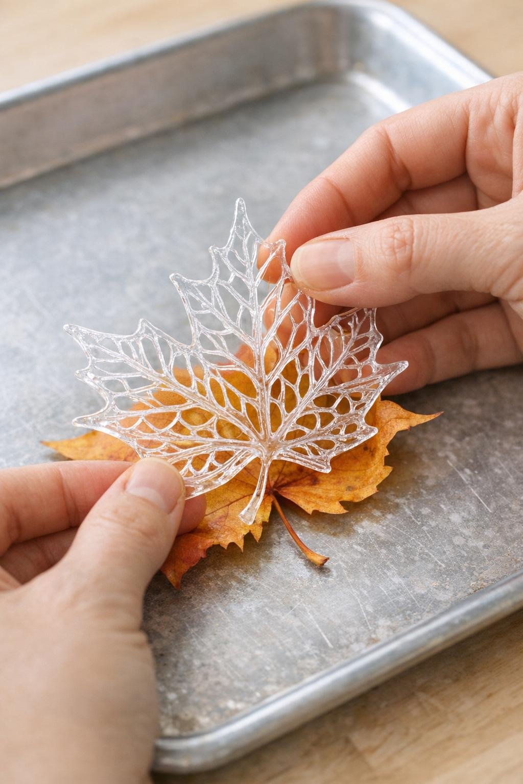 Peeling a cooled hot glue leaf filigree from a real leaf
