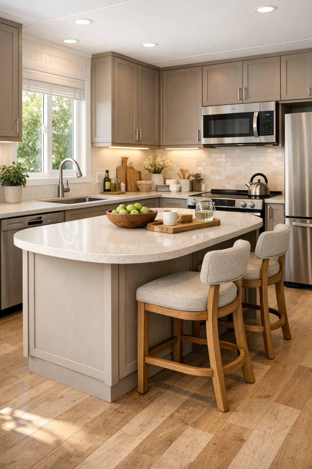 Clay and oak kitchen with quartz counters, accessible island, and under-cabinet lighting