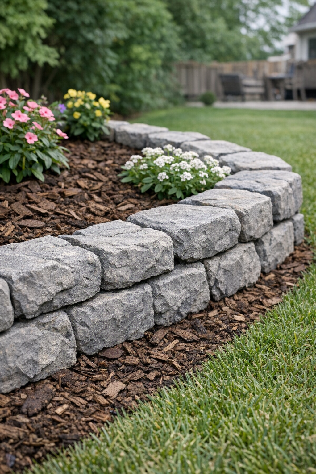 Finished faux stone garden edging made from cement-coated kitchen sponges