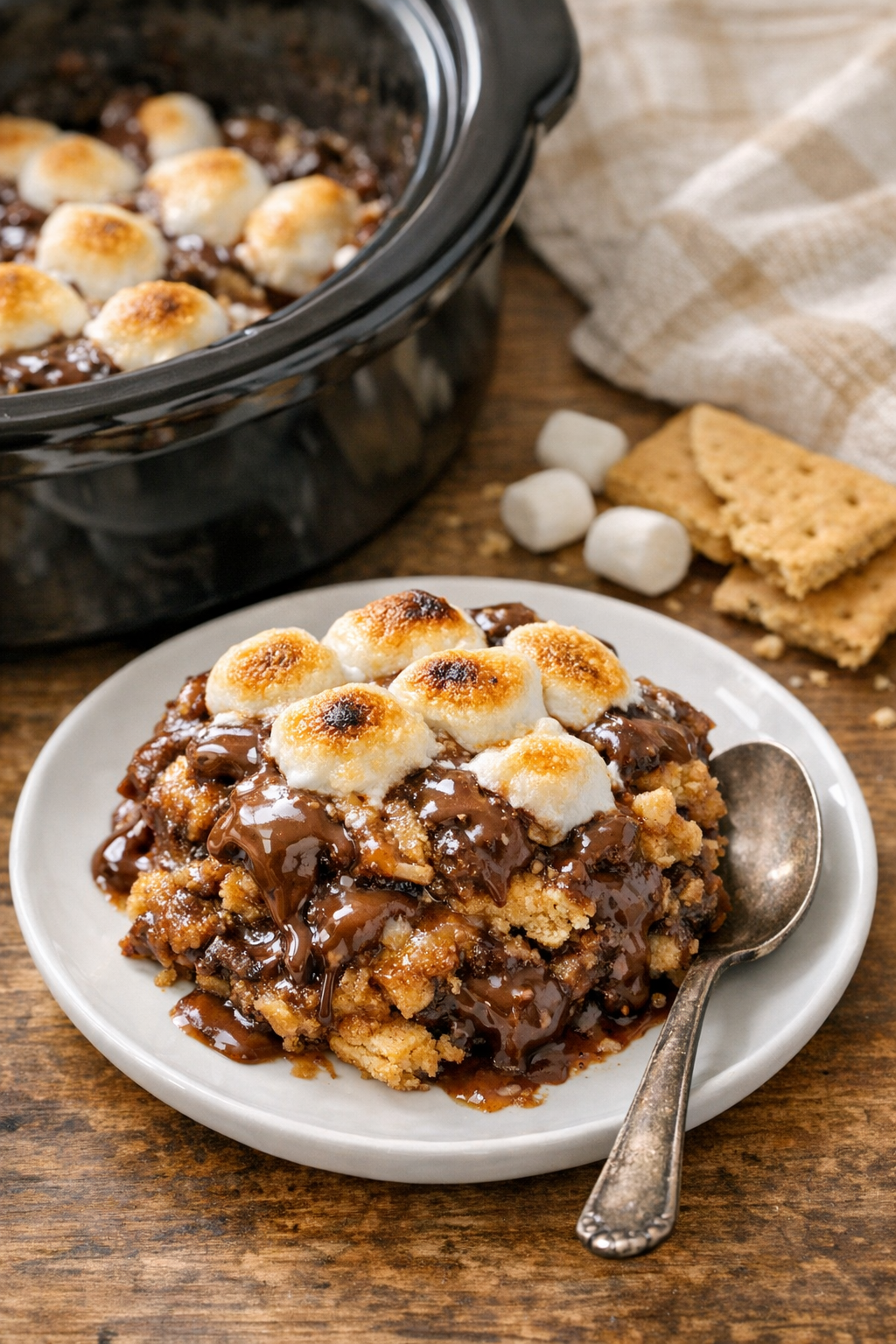 Finished slow cooker s'mores dessert served warm