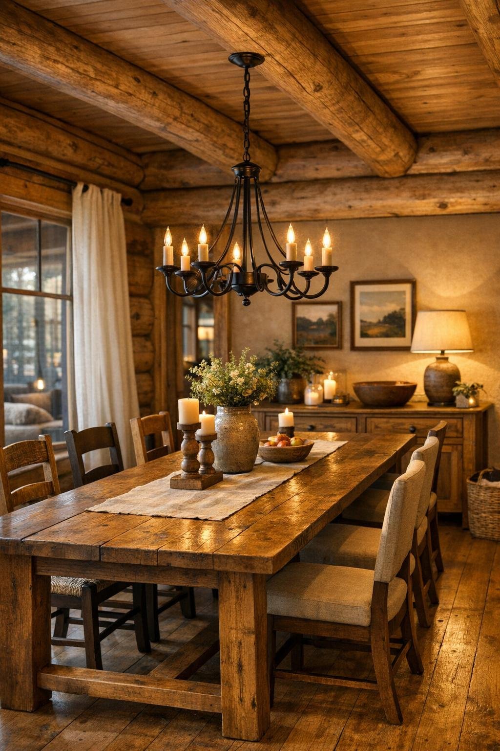 Warm dining room with a long wood table, mixed chairs, and soft lighting in a log home