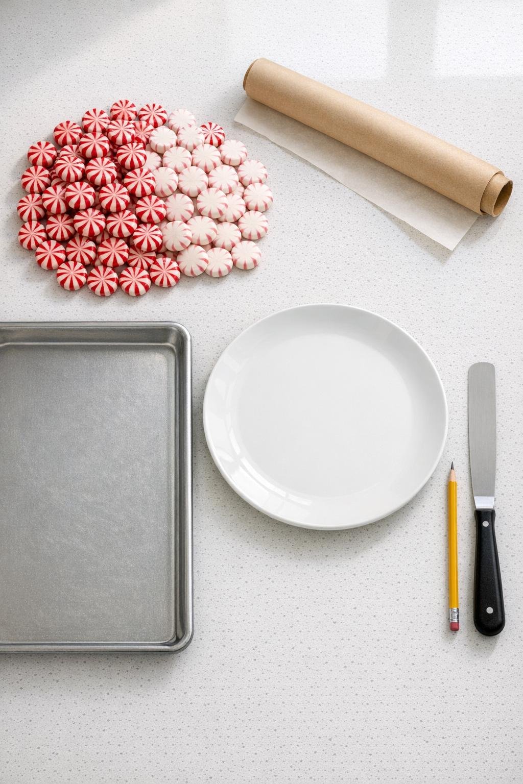 Peppermint candies, parchment paper, and baking tools laid out for the project