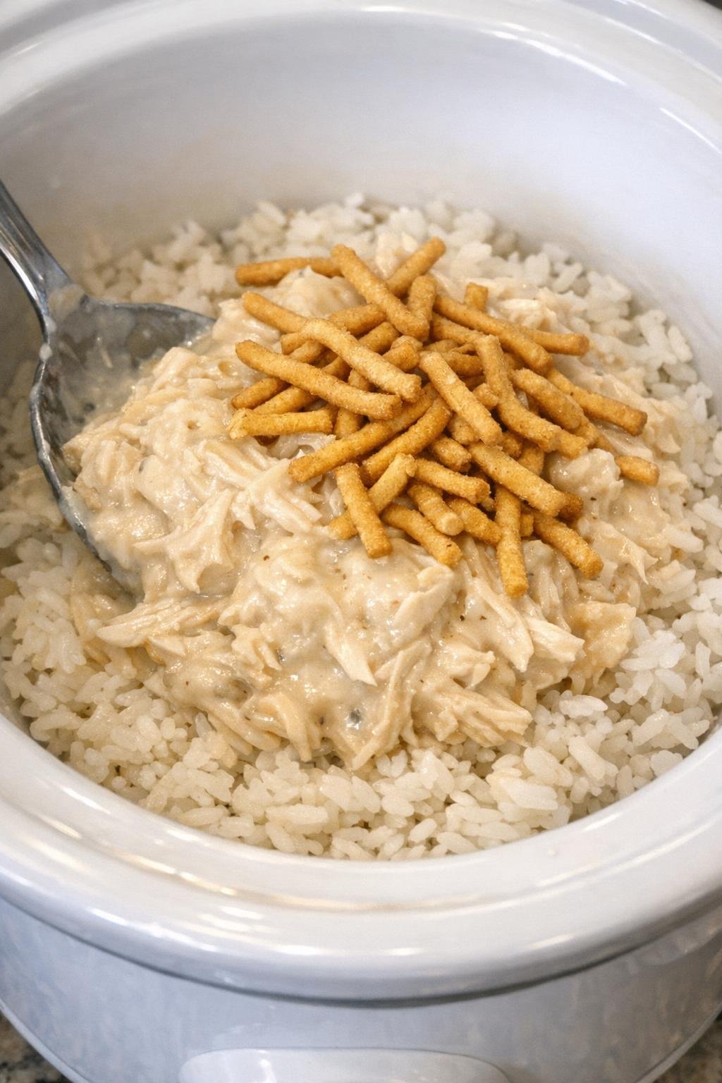 Creamy shredded chicken over rice with crunchy noodles in a slow cooker crock