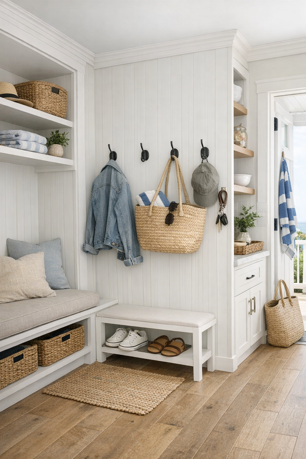 Well-planned small interior passage with built-ins, storage, and coastal finishes
