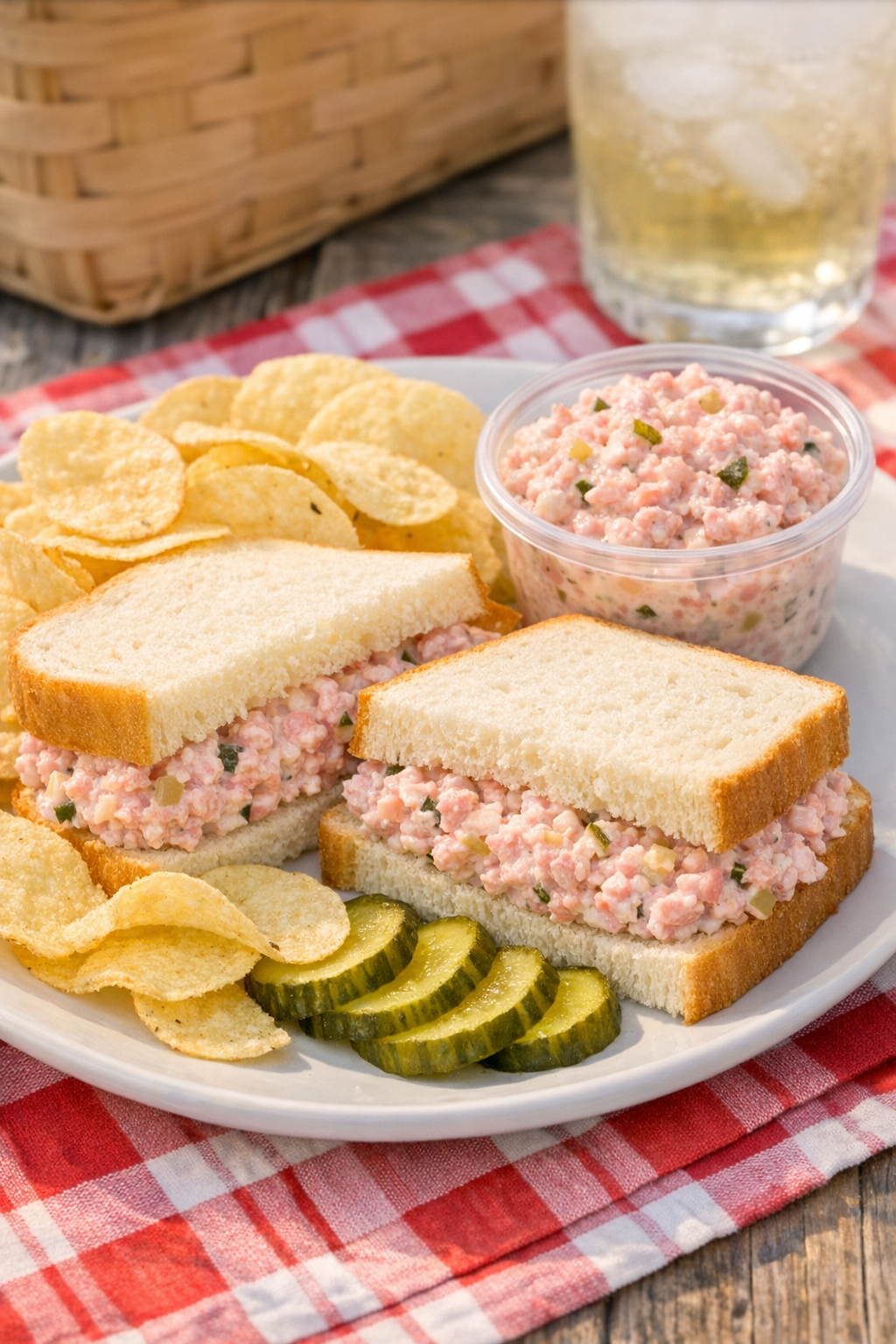 Plated bologna salad sandwiches with picnic sides
