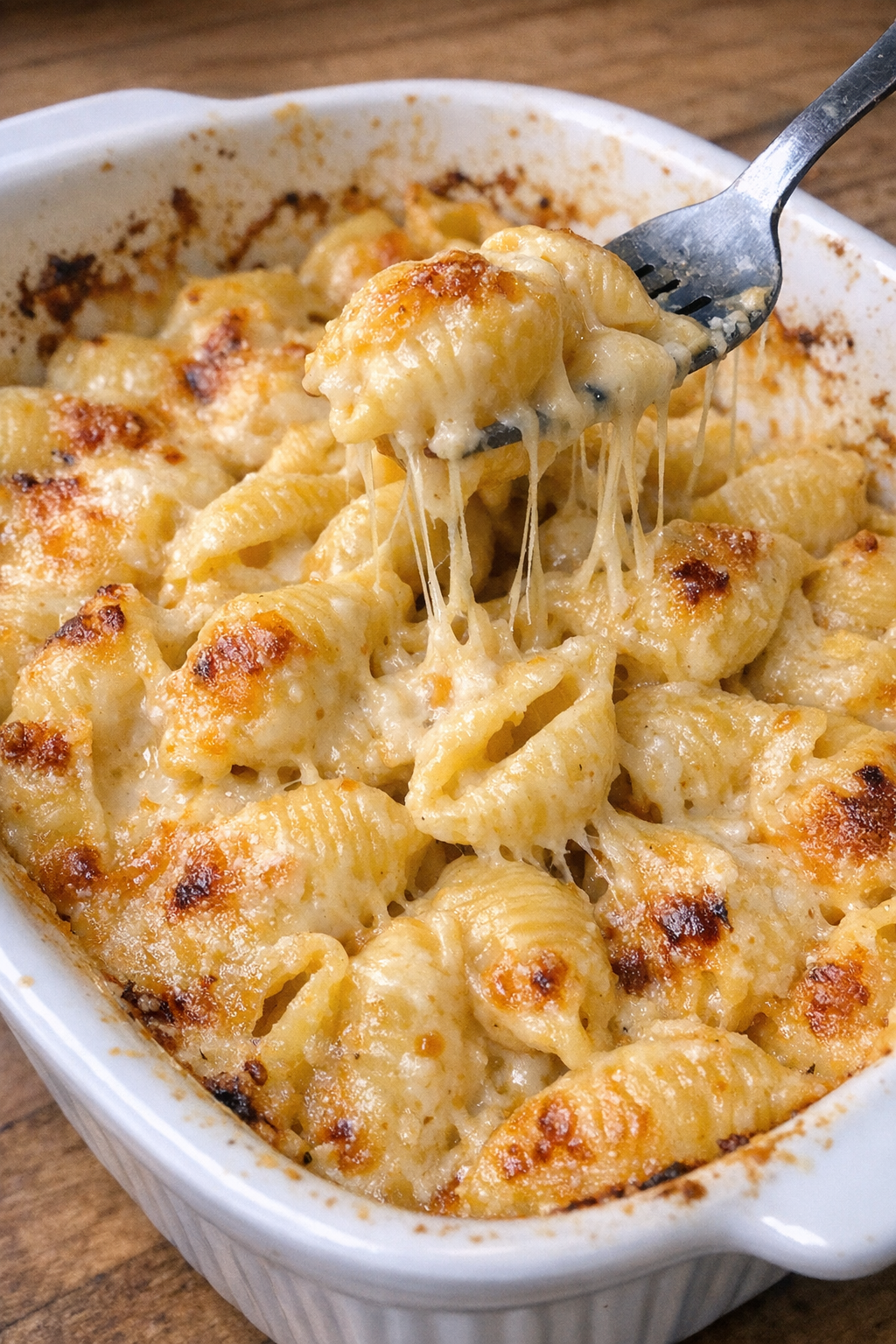 Creamy queso pasta shells with melted cheese and crispy edges