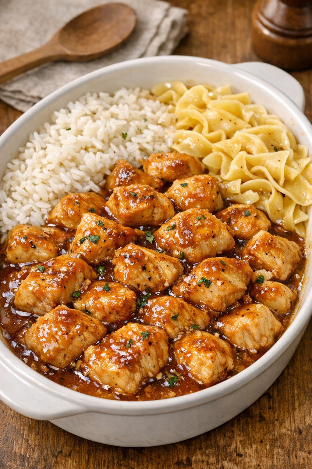 Finished baked block party chicken plated with glossy sauce