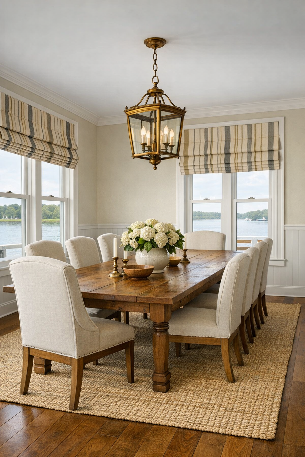 Southern colonial dining room on a houseboat with wood table, upholstered chairs, and lantern chandelier