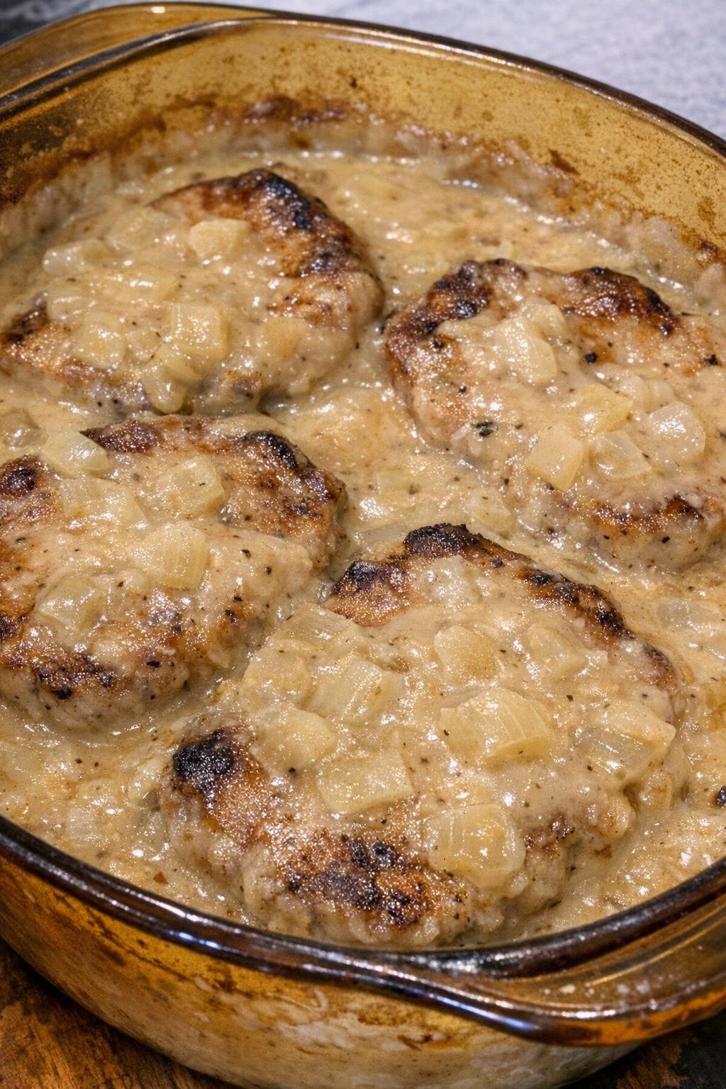 Golden browned pork chops in creamy onion gravy