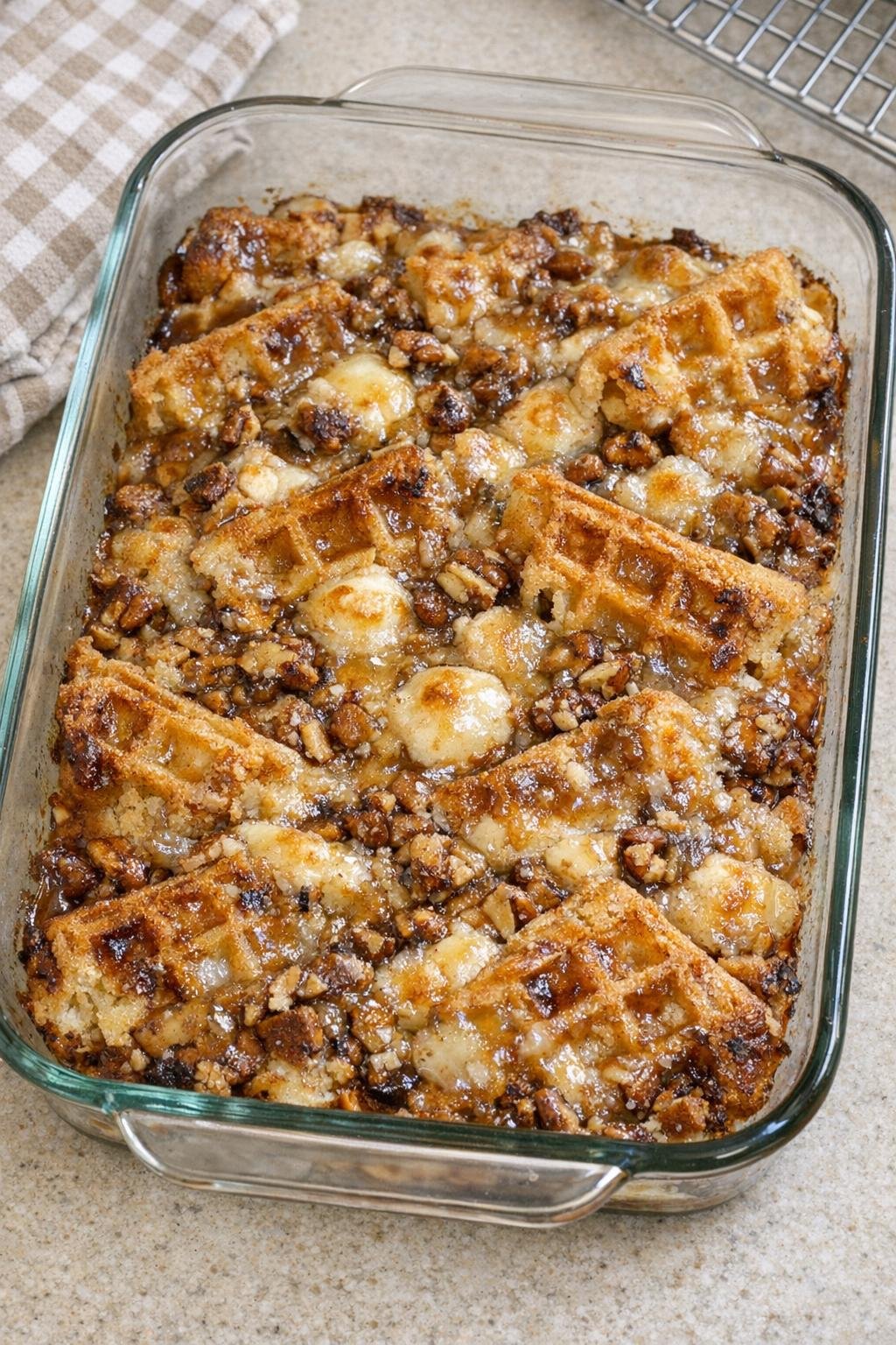 Finished baked waffle dessert in a glass baking dish