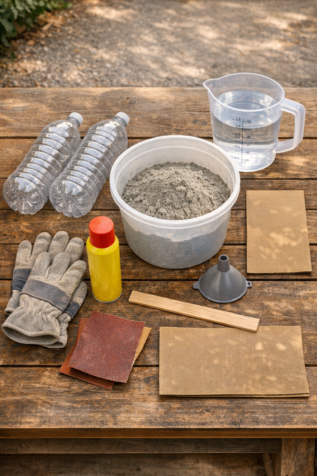 Materials for making cement garden finials laid out on a work surface