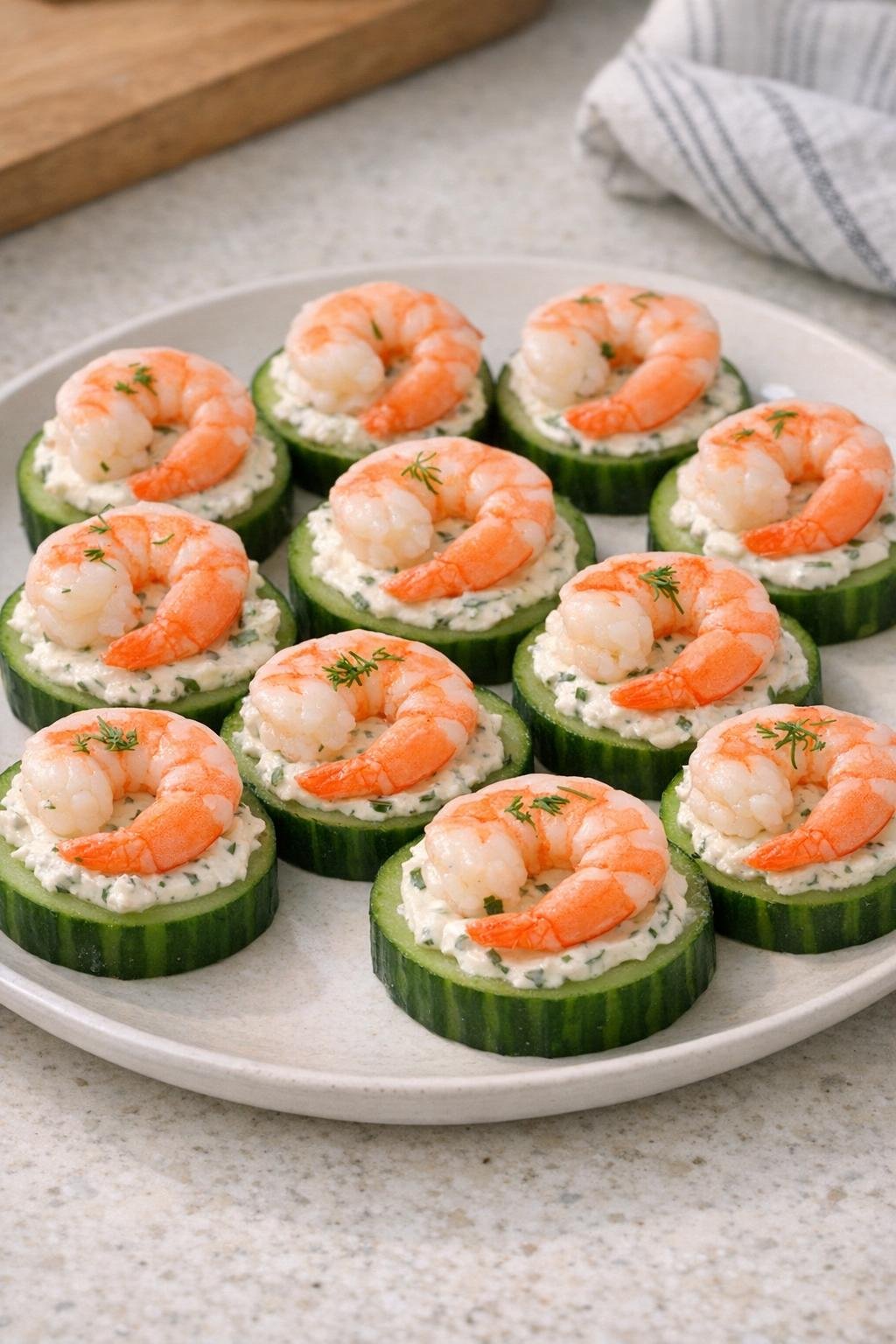 Finished shrimp cucumber bites on a serving platter