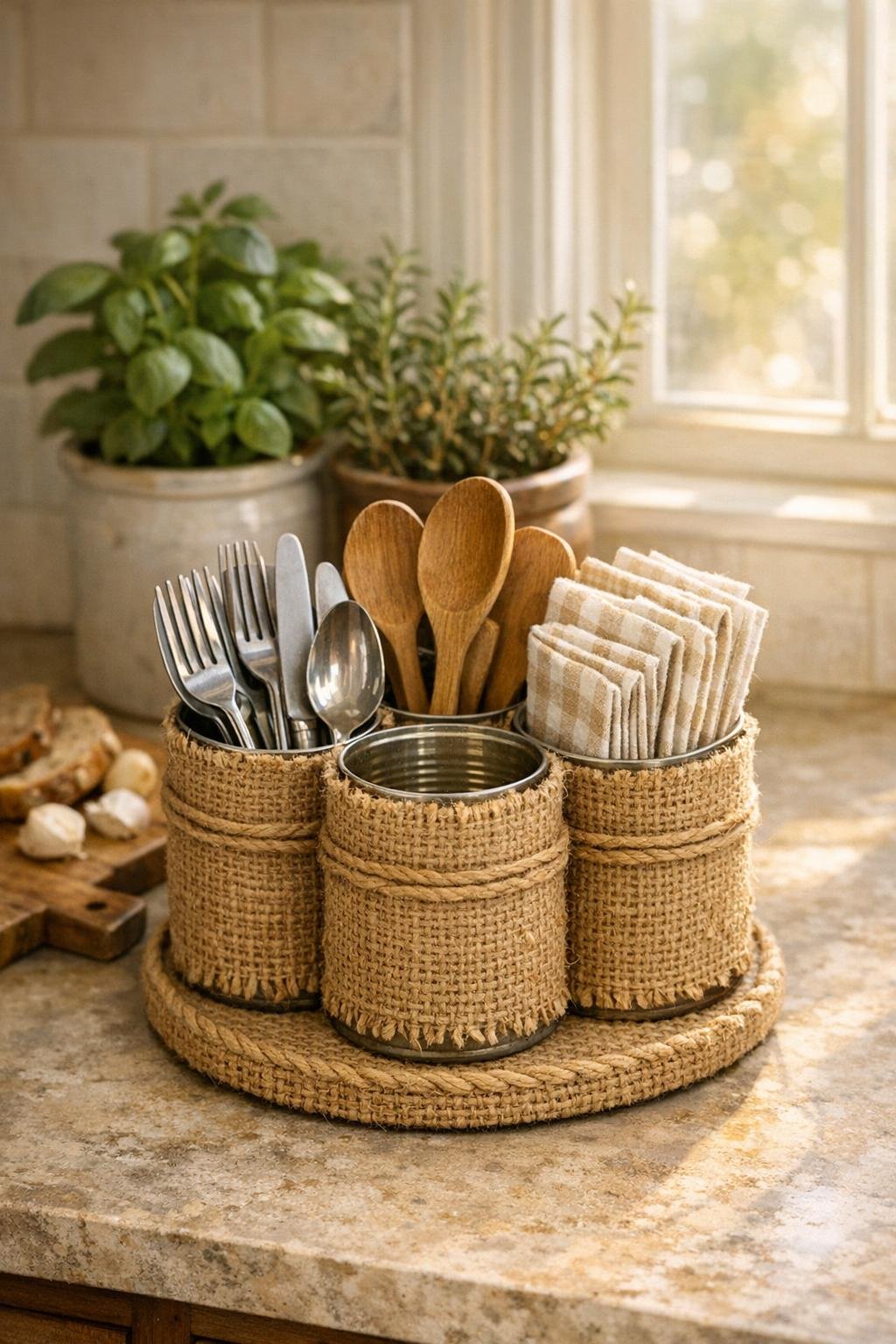 Finished burlap-wrapped soup can utensil caddy on a kitchen counter