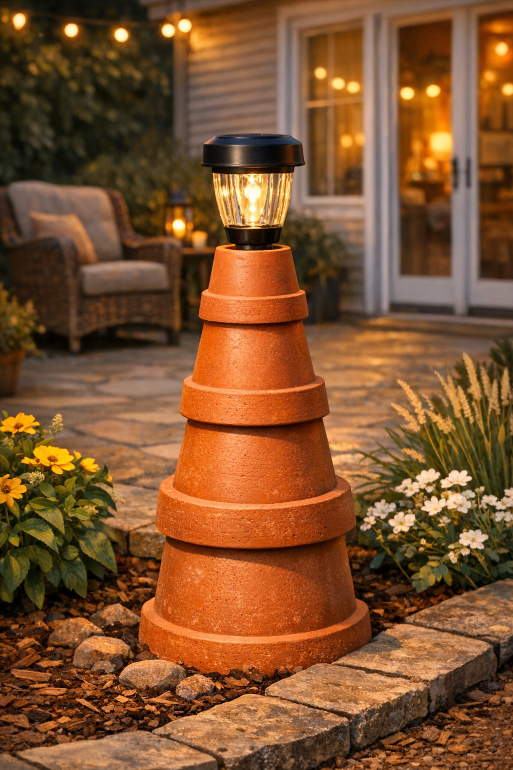 Completed patio lantern post made from stacked terracotta pots over a solar light stake