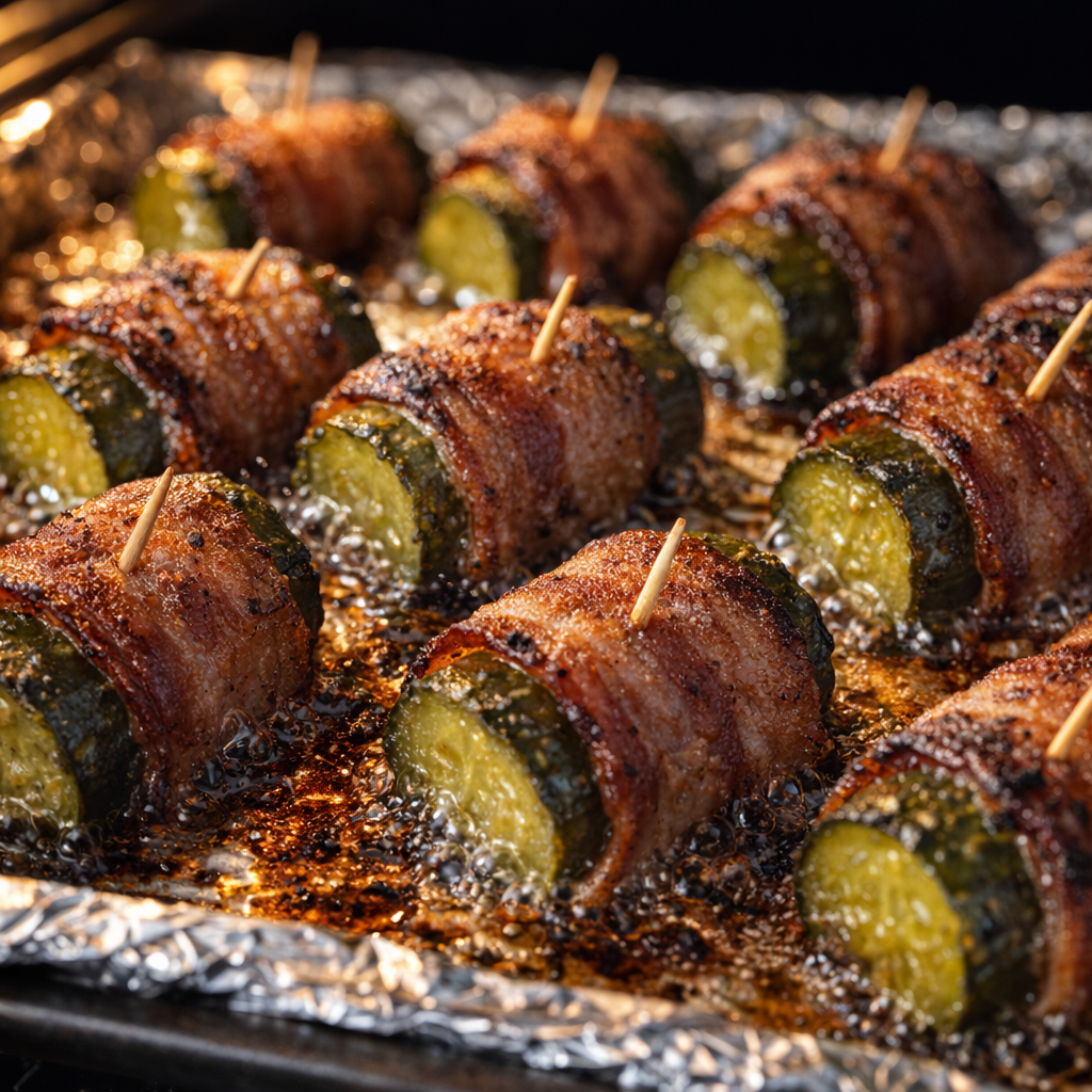 Pickle bacon bites sizzling on the baking sheet