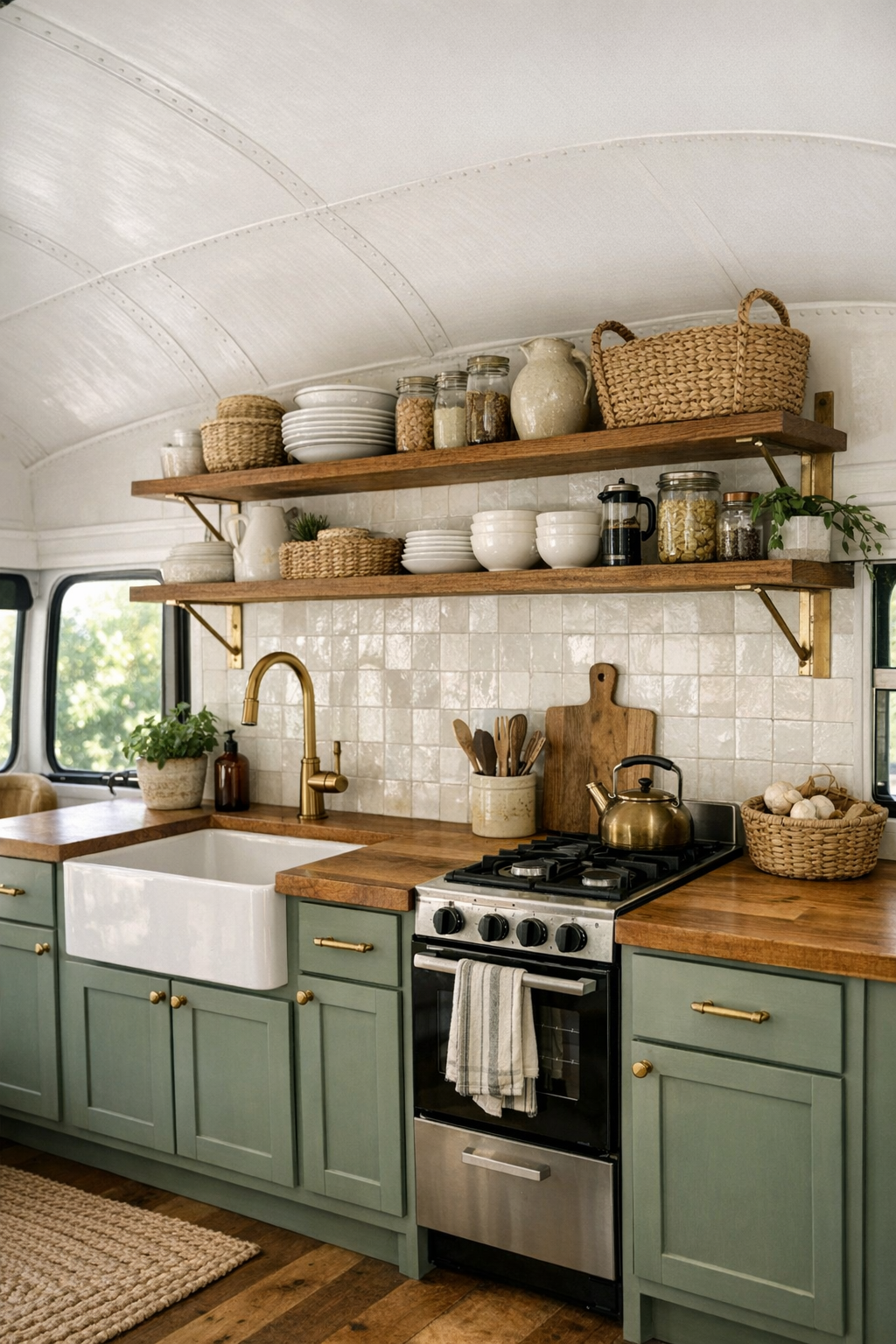 Small galley kitchen with sage cabinets and butcher block counters in a converted bus