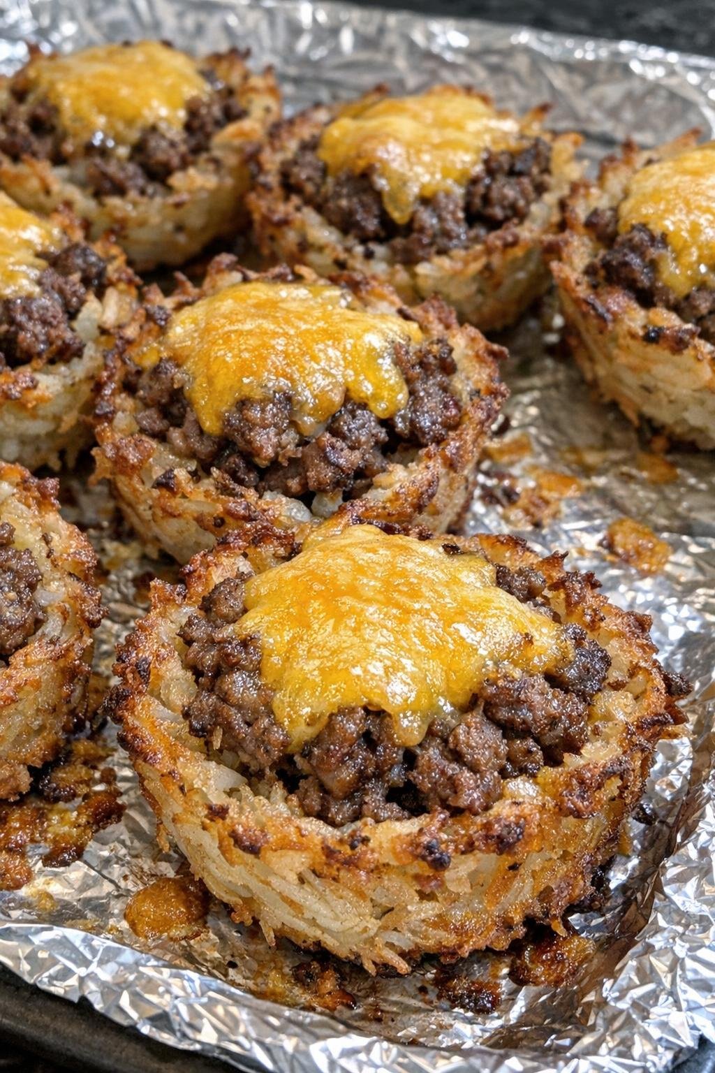 Close-up of crispy beef hash brown cups with melted cheddar