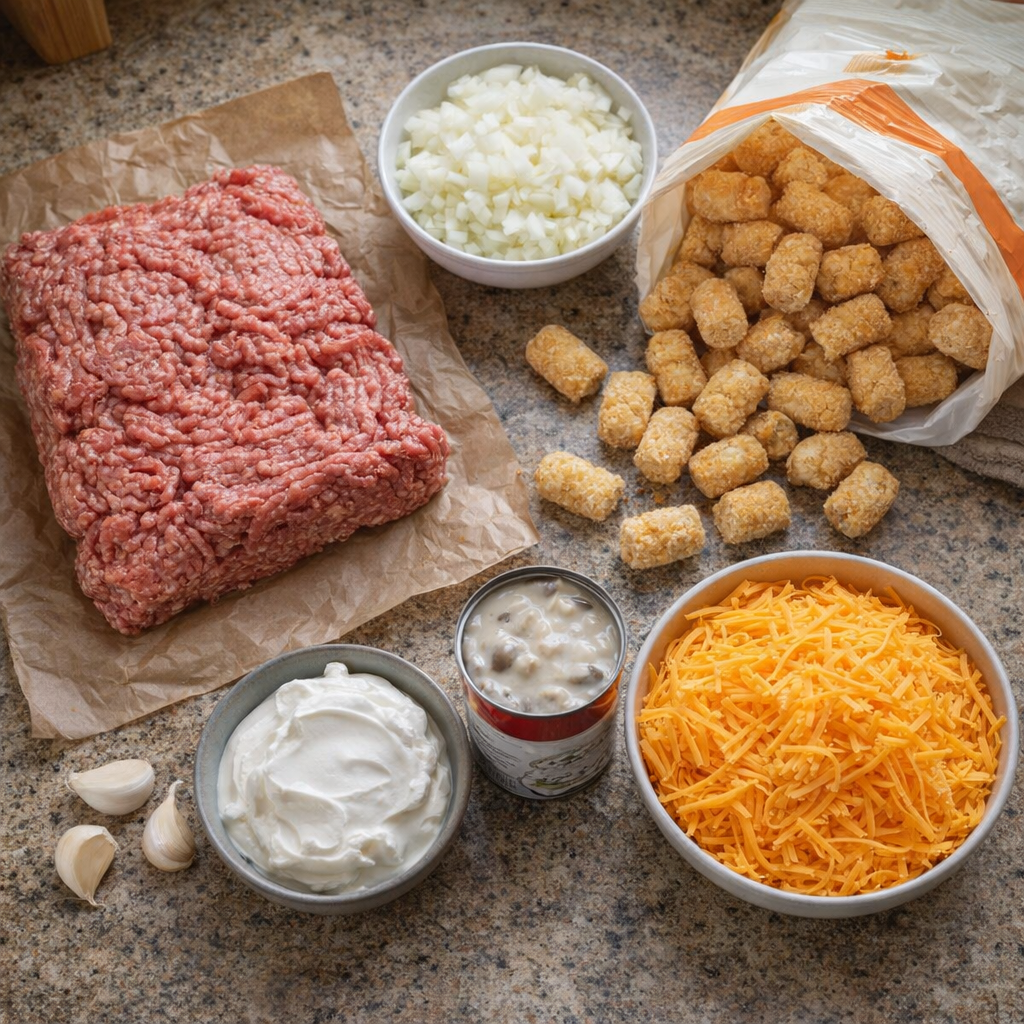 Casserole ingredients arranged on a farmhouse counter
