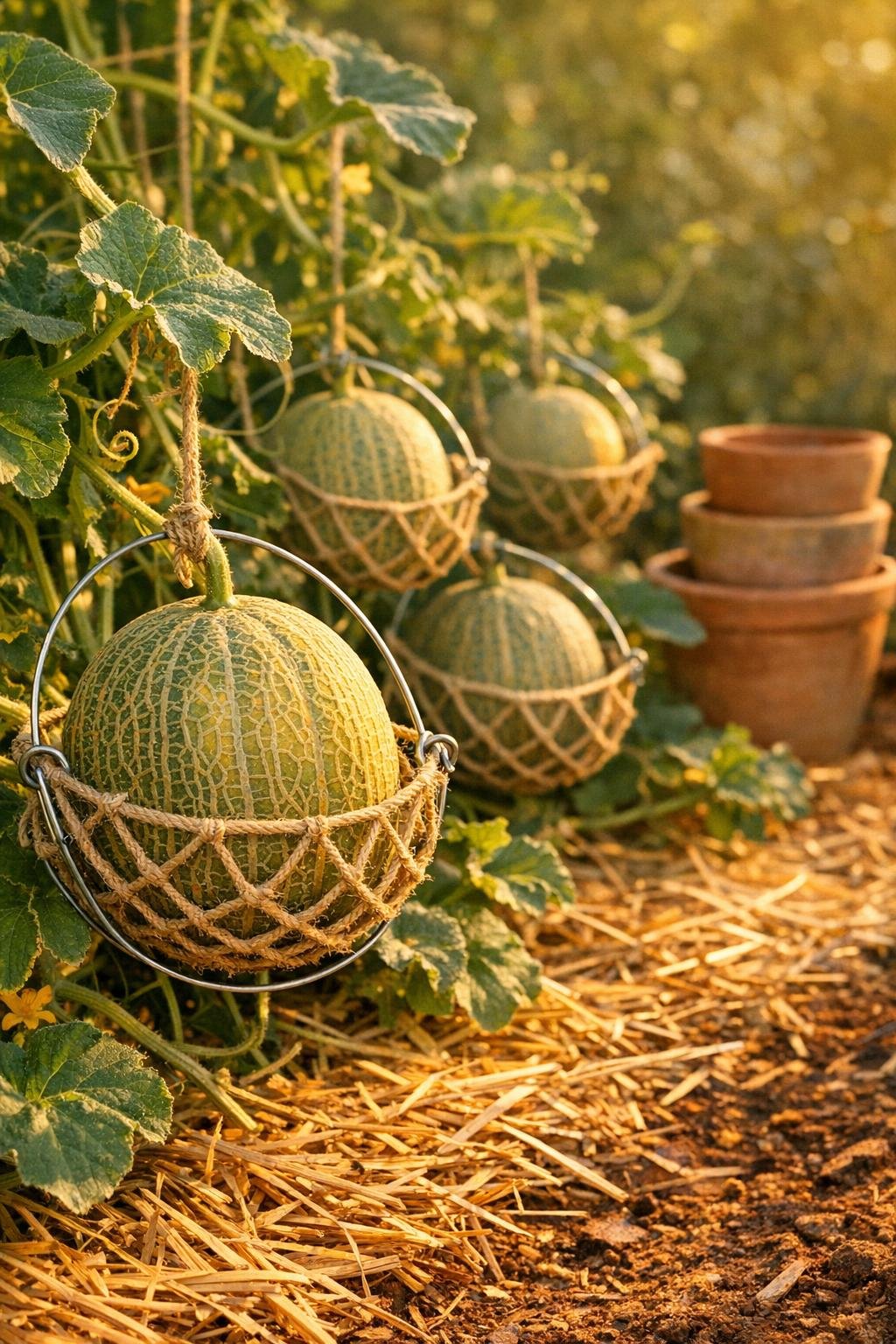 Completed melon cradles supporting fruit in a fall garden bed