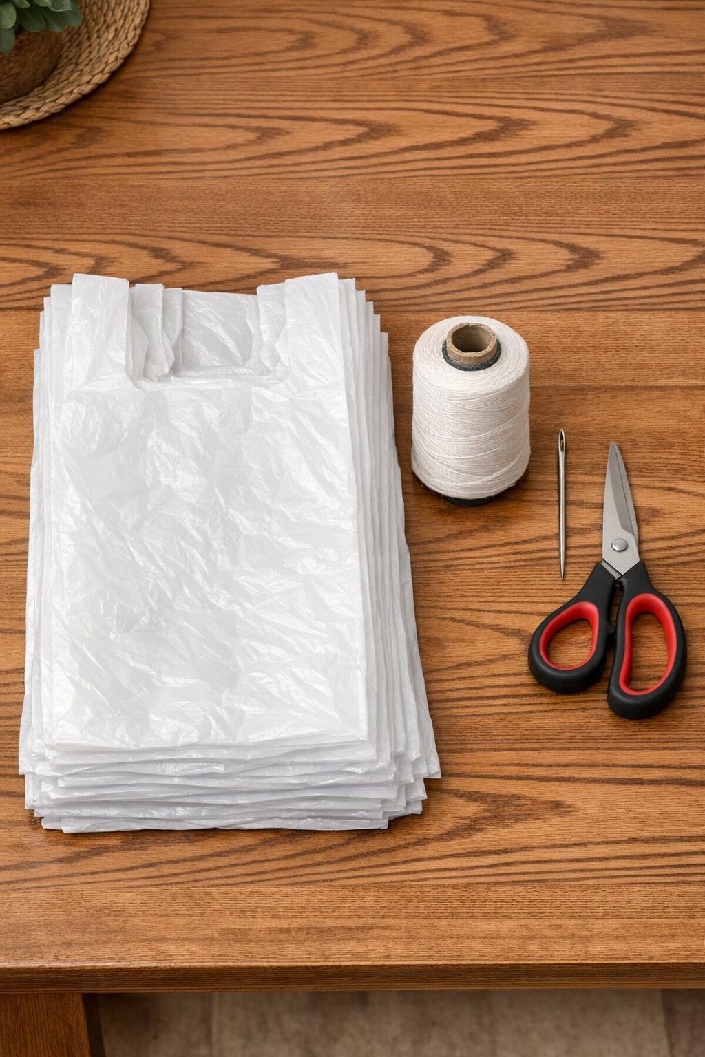 Plastic shopping bags and simple tools laid out for the project