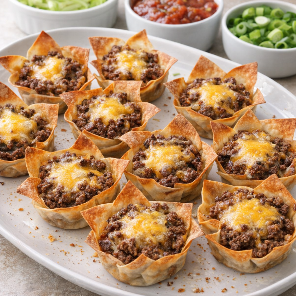 Freshly baked beef taco cups on a serving platter