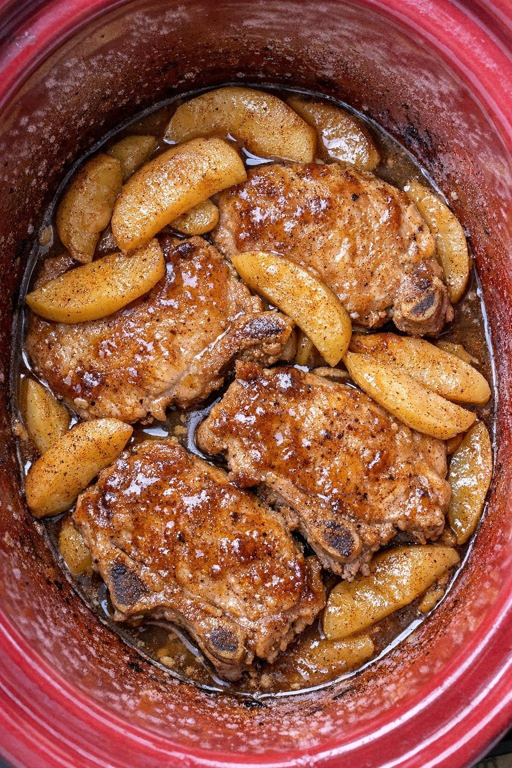 Finished cinnamon apple pork chops in the slow cooker
