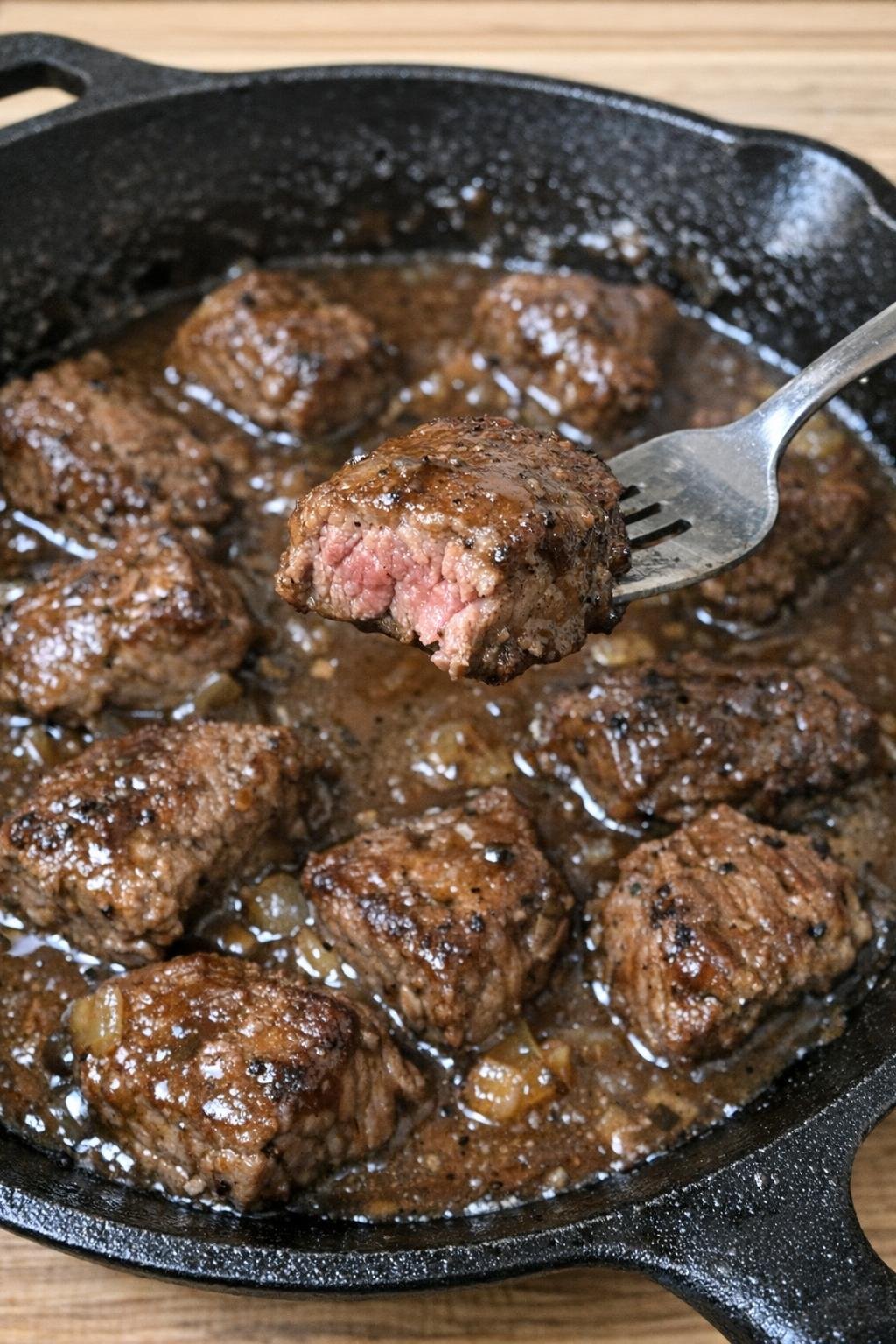 Finished skillet beef tips with glossy gravy