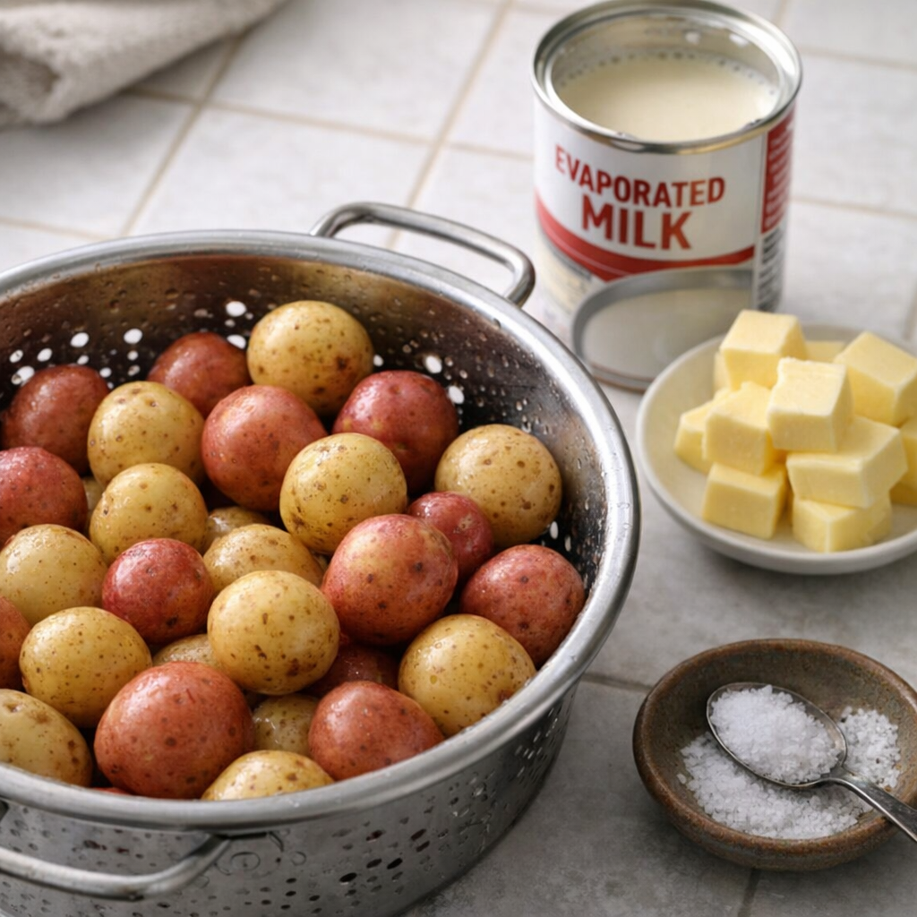 Baby potatoes and pantry ingredients on a counter