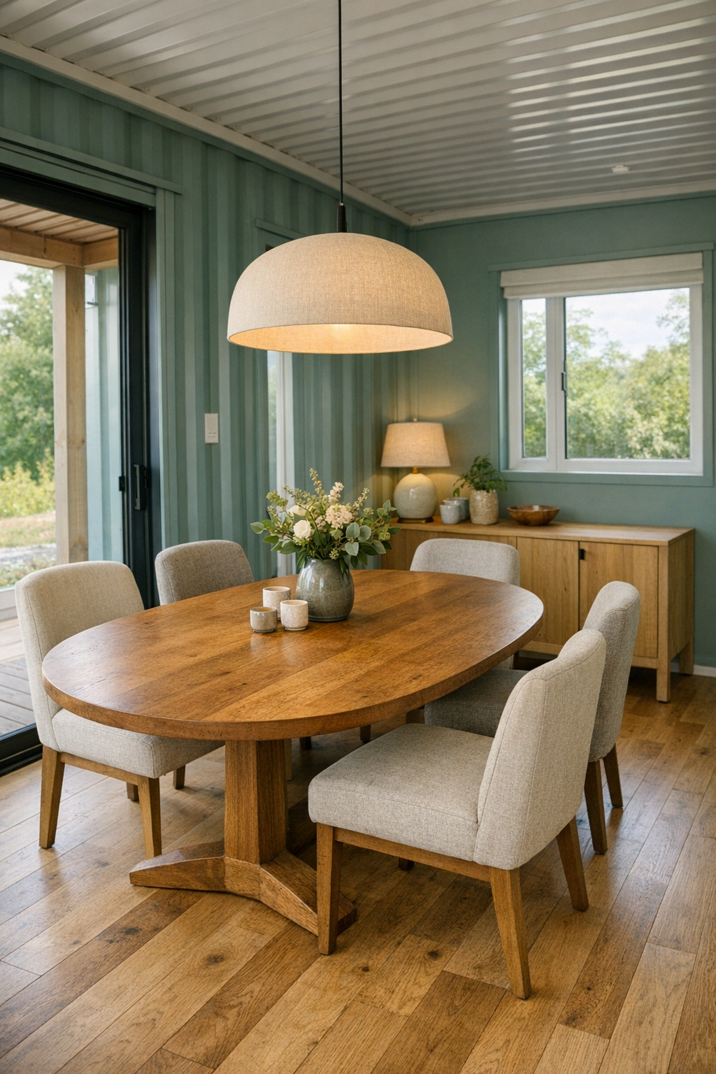 Warm modern dining room with wood table, upholstered chairs, and soft pendant lighting