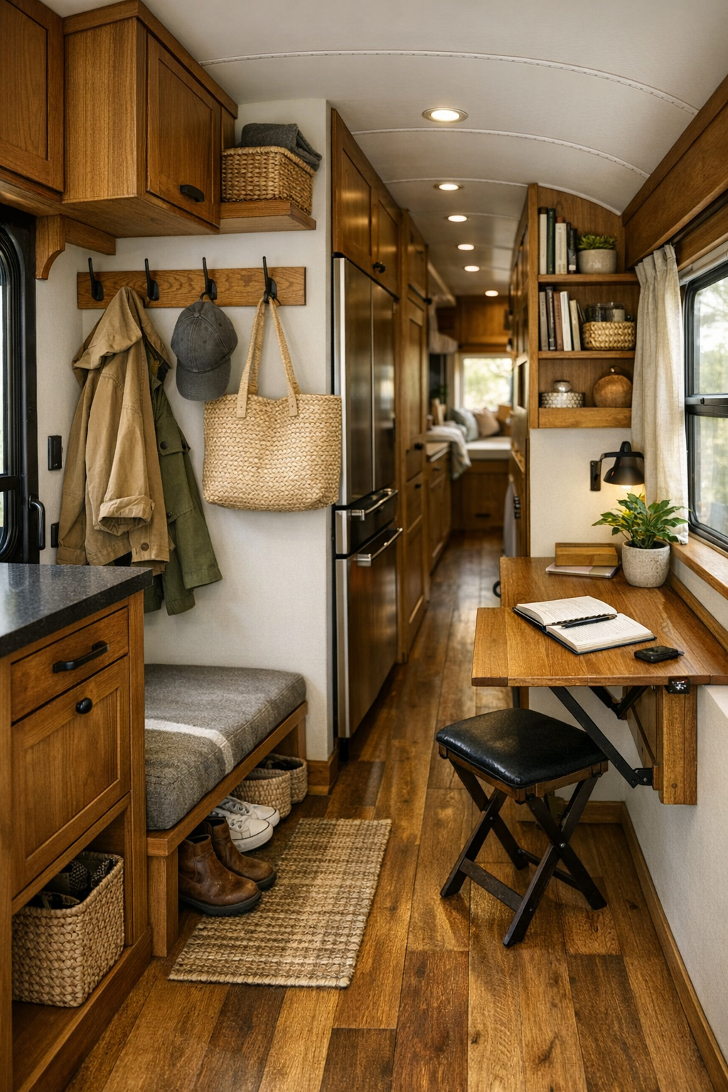 Functional entry and multipurpose corridor inside a converted bus with built-in storage