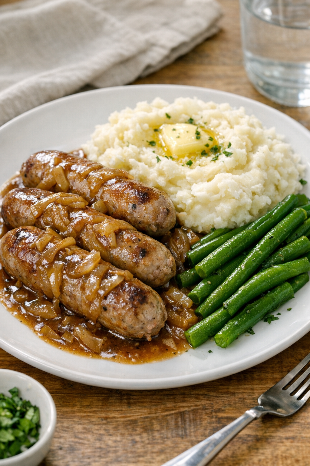 Finished slow cooker bratwursts plated with onion gravy